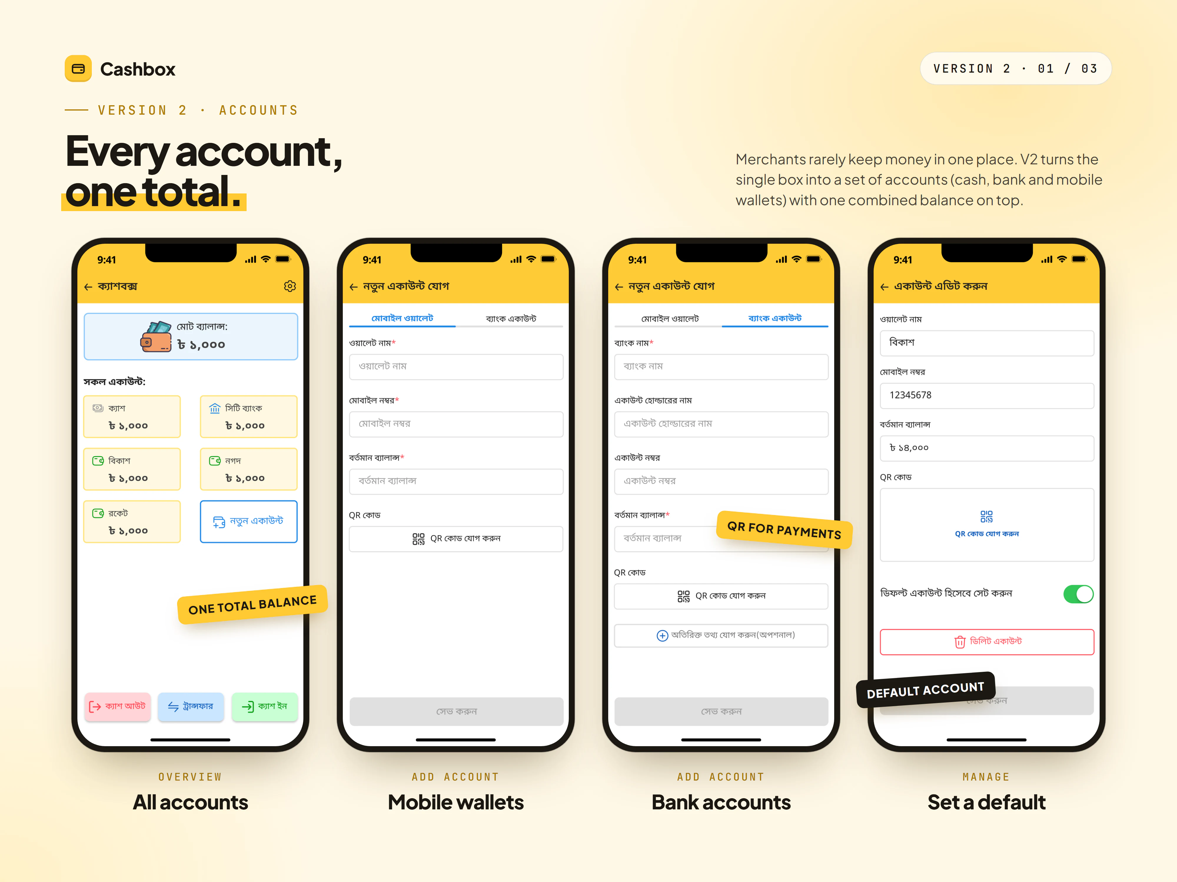 Version 2 accounts overview, add mobile wallet, add bank account and edit account screens