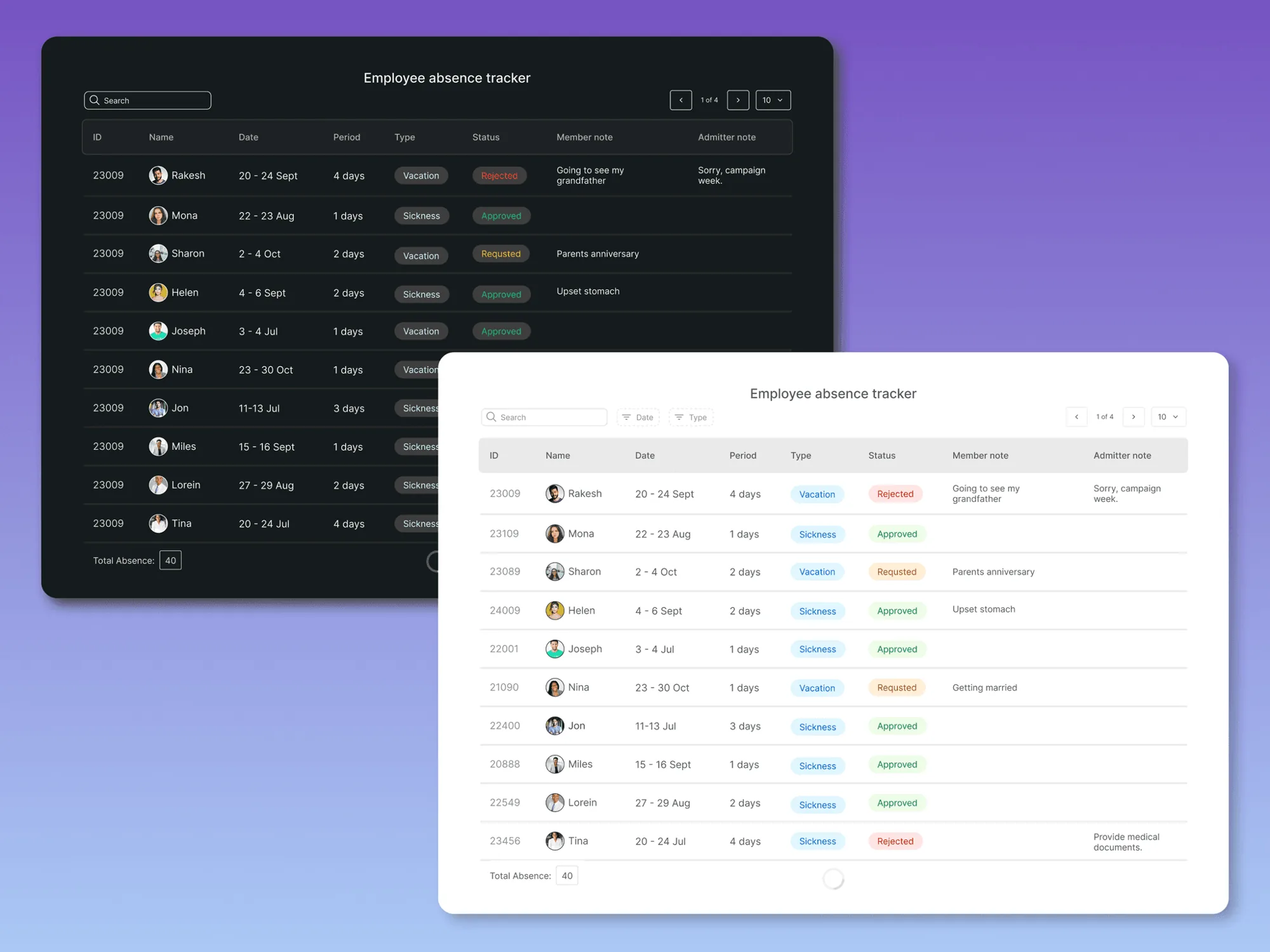 Employee absence tracker dashboard in dark and light mode