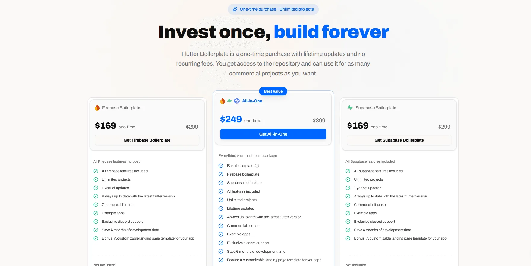 Flutter Boilerplate pricing section