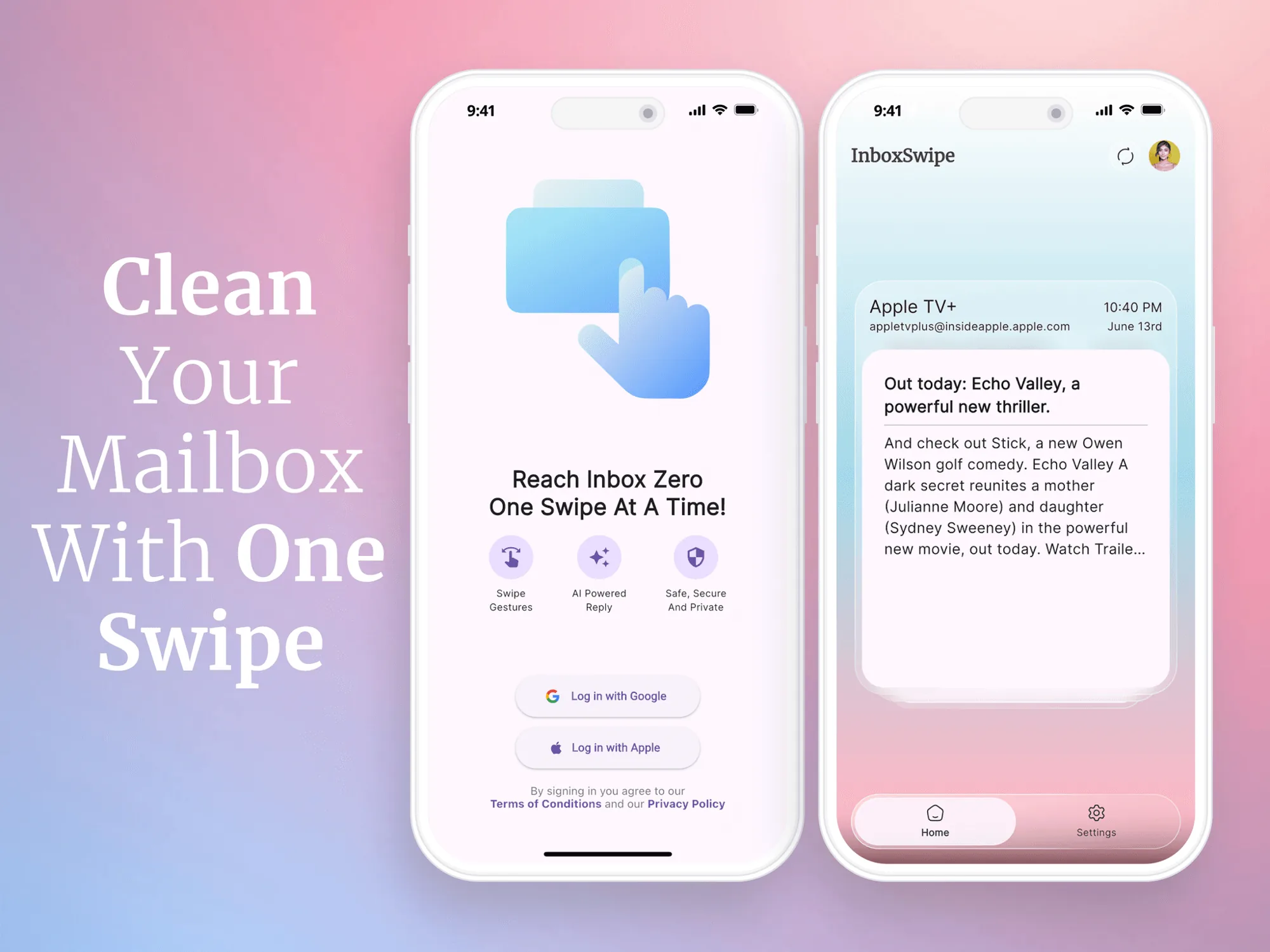 InboxSwipe onboarding and inbox screens on a pink gradient