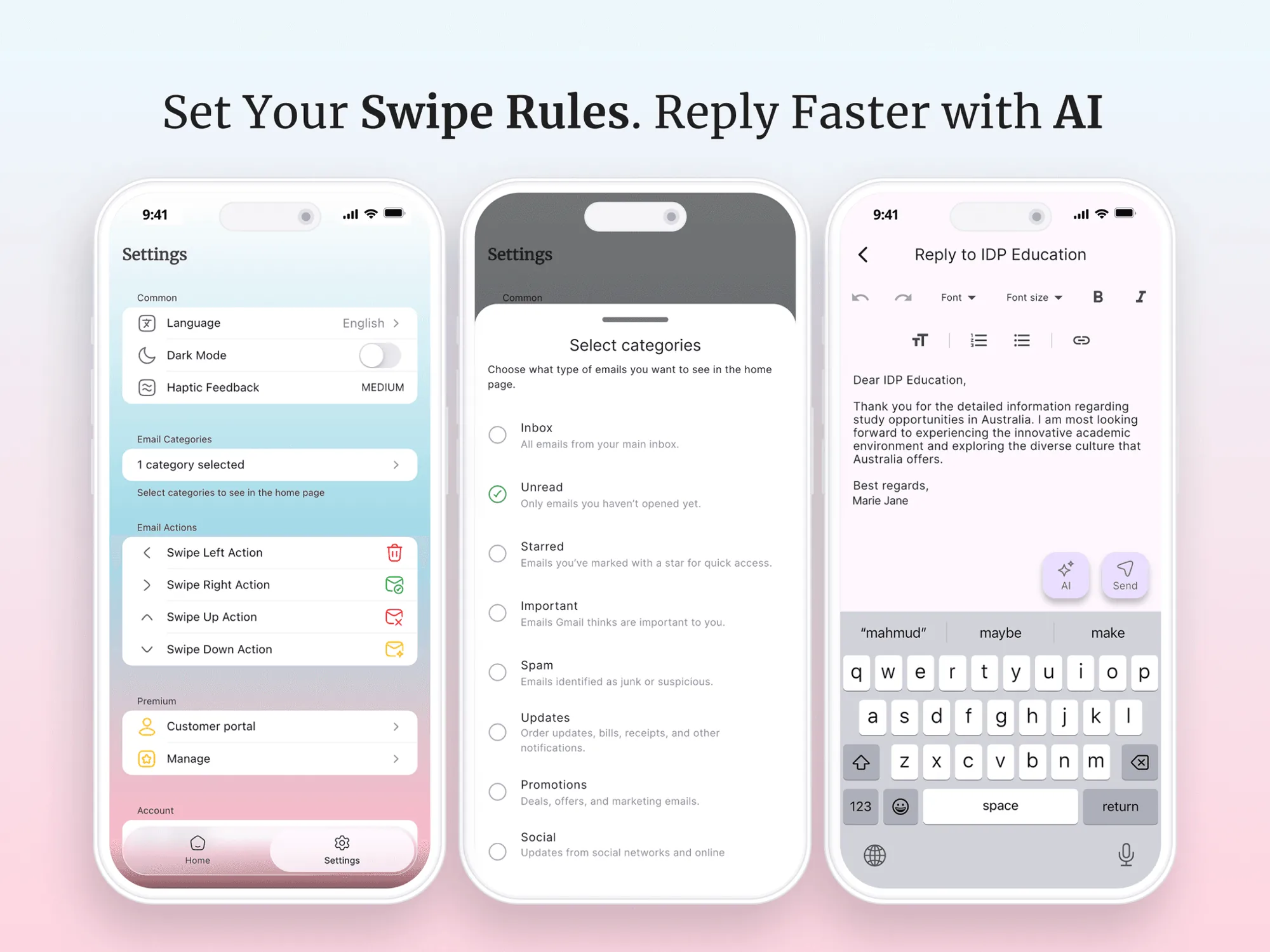 Settings, email categories and AI reply editor