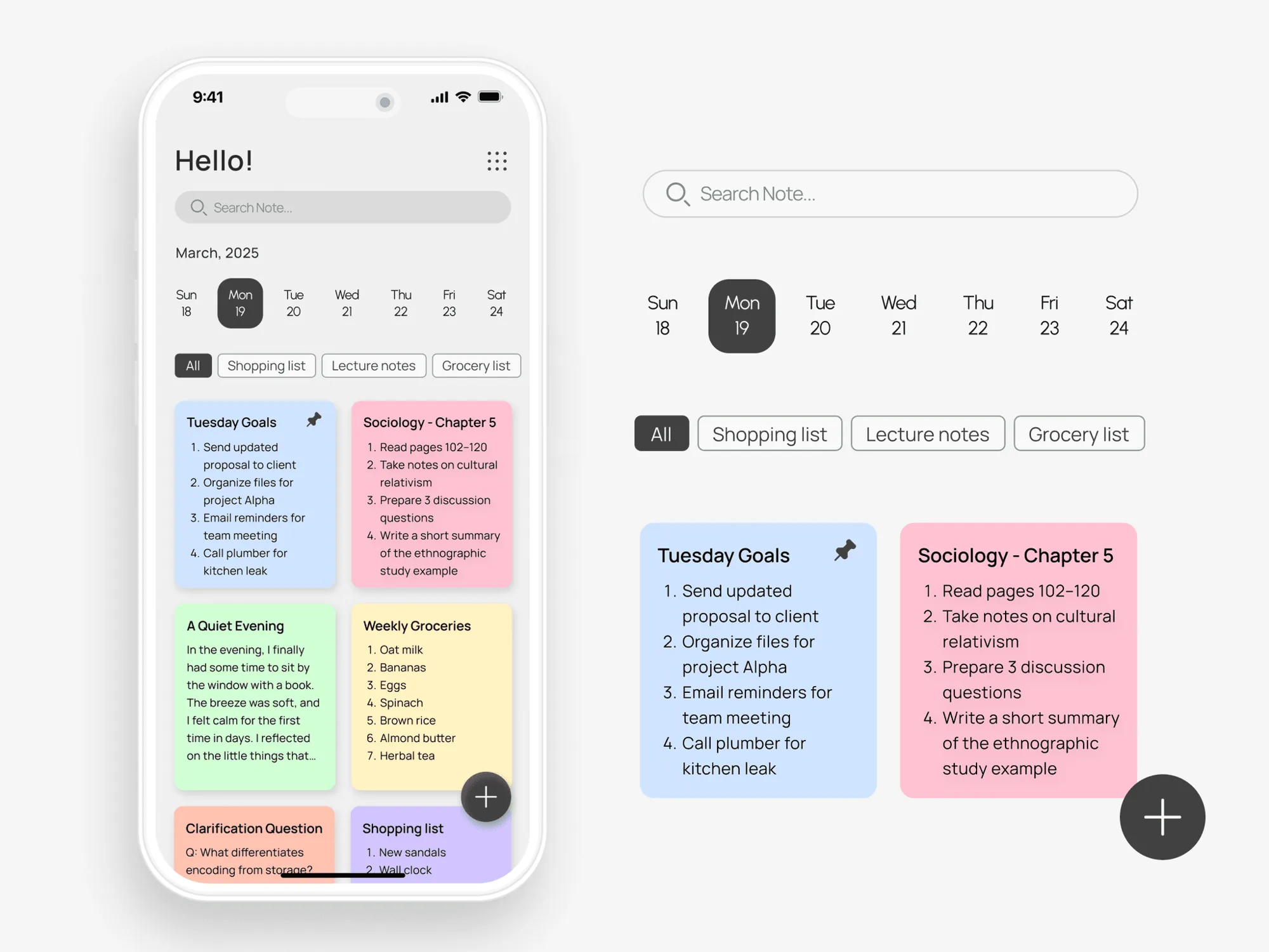 Note app home with colourful note cards