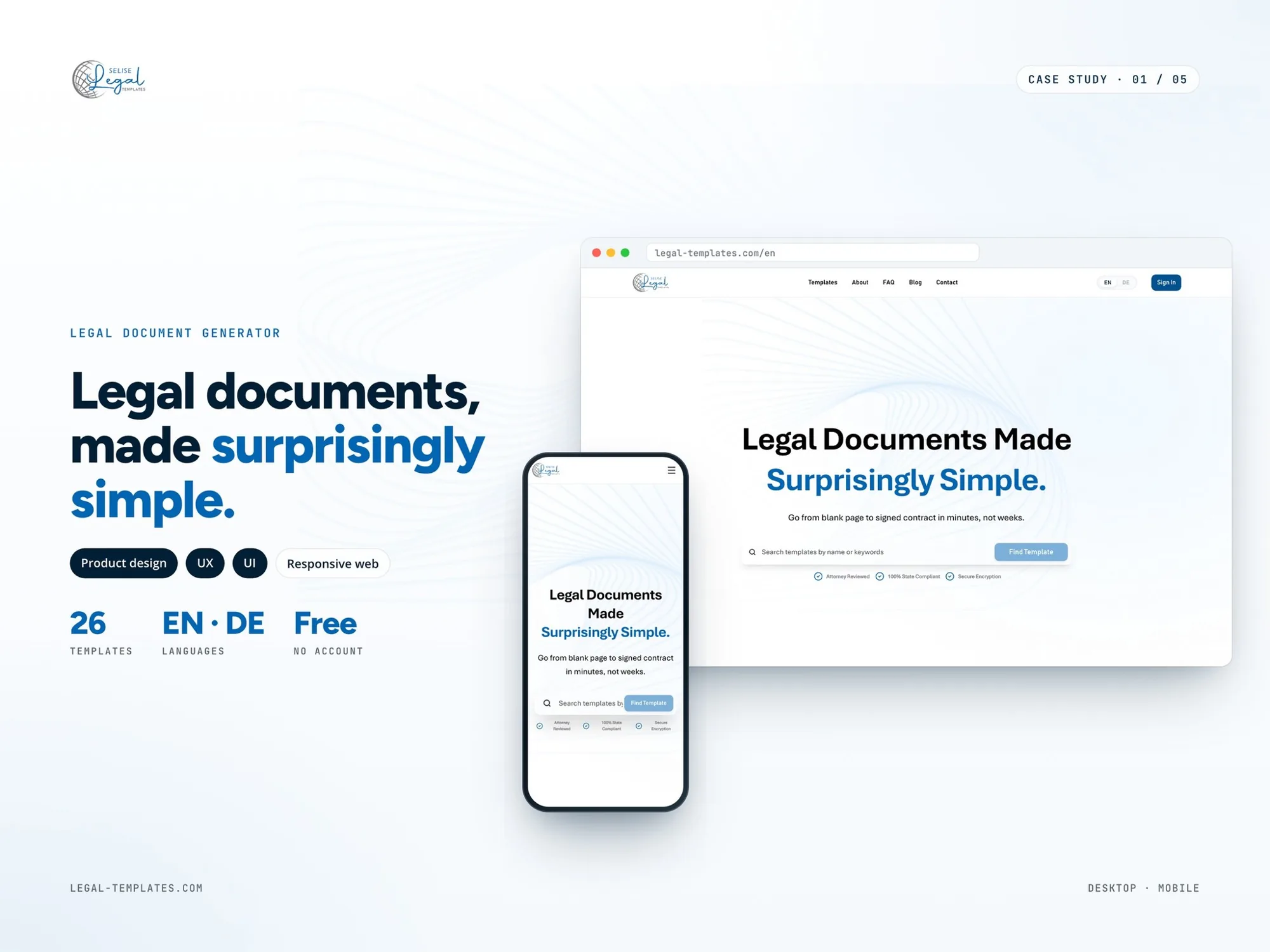 Selise Legal Templates homepage on desktop and mobile