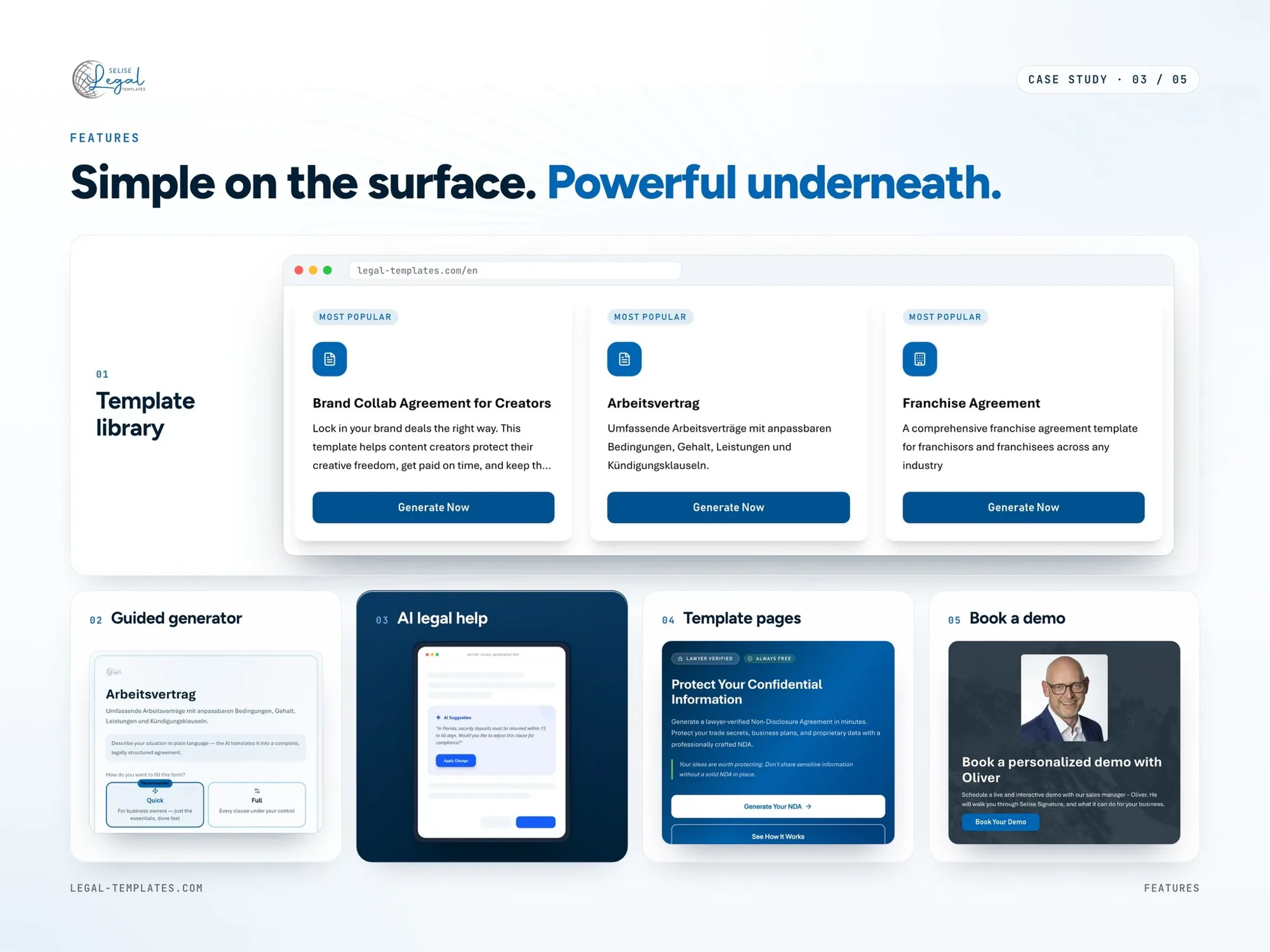 Feature overview: template library, guided generator, AI legal help, template pages, book a demo