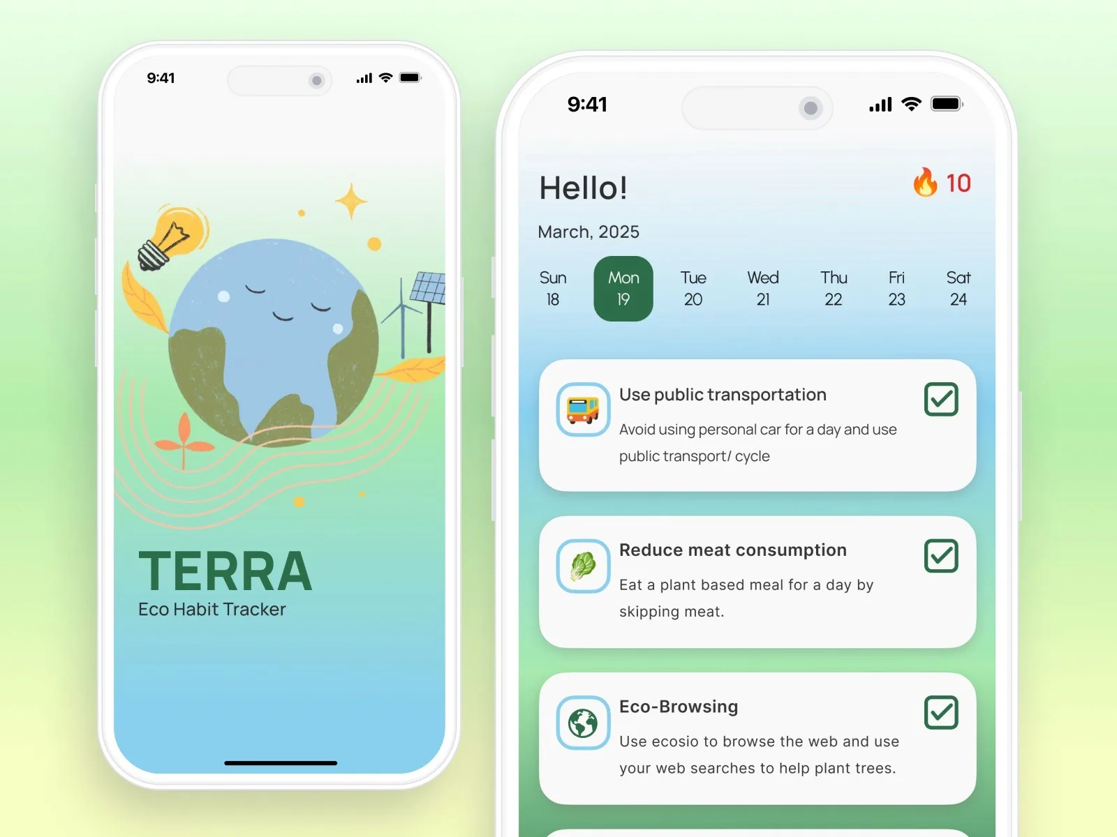 Terra splash screen with illustrated Earth and daily habits home screen